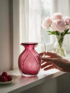 Vintage Hand Blown Pilgrim Glass Pulled Feather Small Pitcher / Ewer Vase